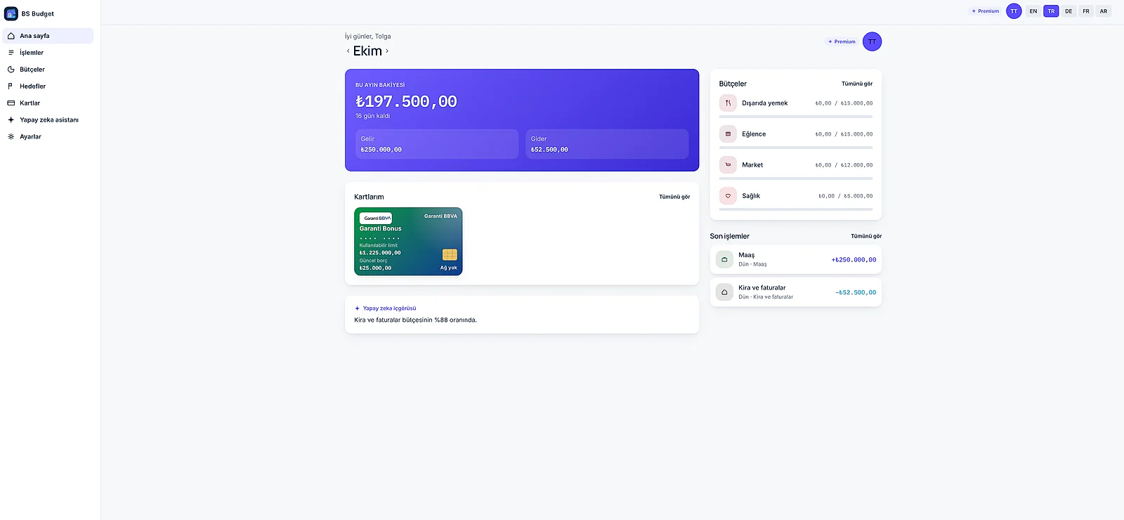 BS Budget web panosu — aylık bütçe ve harcama özeti