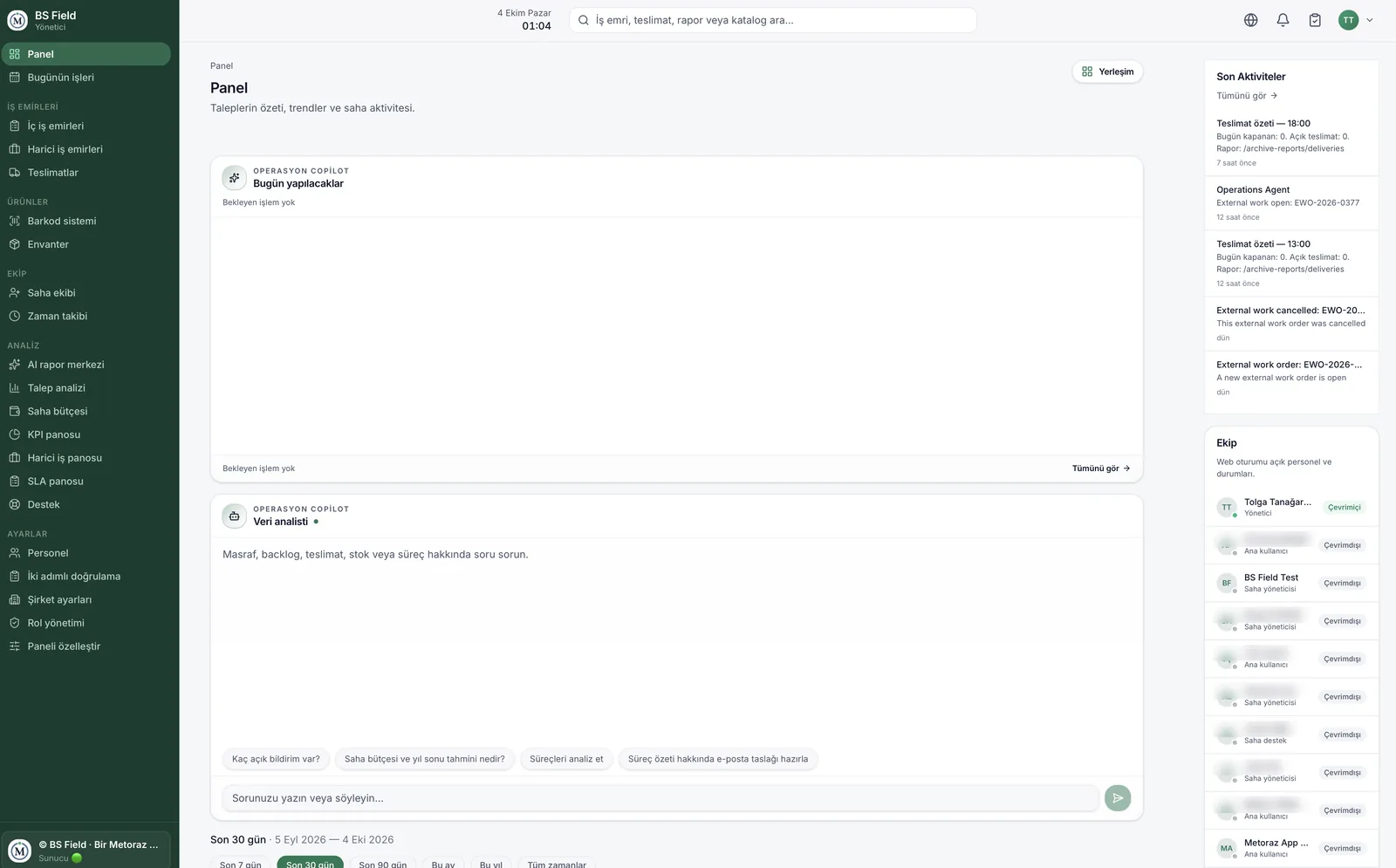 BS Field web paneli ekran görüntüsü