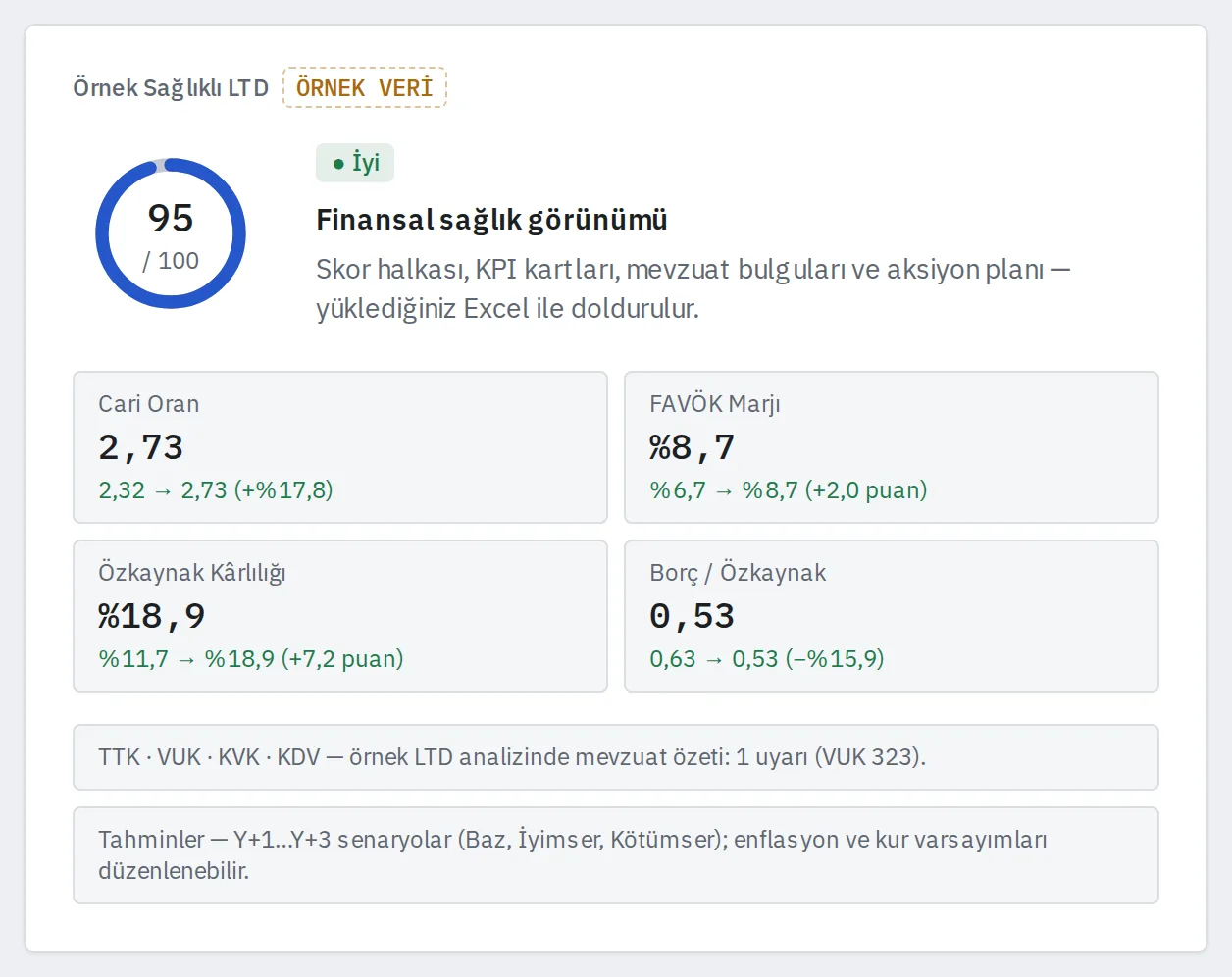 BS Finance tanıtım sayfası finansal sağlık önizlemesi (örnek veri)